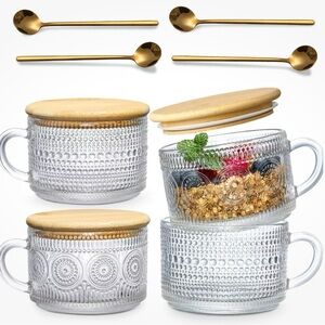 Scoozee Vintage Coffee Mugs Overnight Oats Containers W/ Lids Spoons Tea Cups